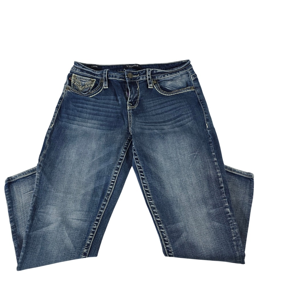 Vigoss Womens Capri Jeans Medium Wash Embellished Pocket Contrast Stitch Blue